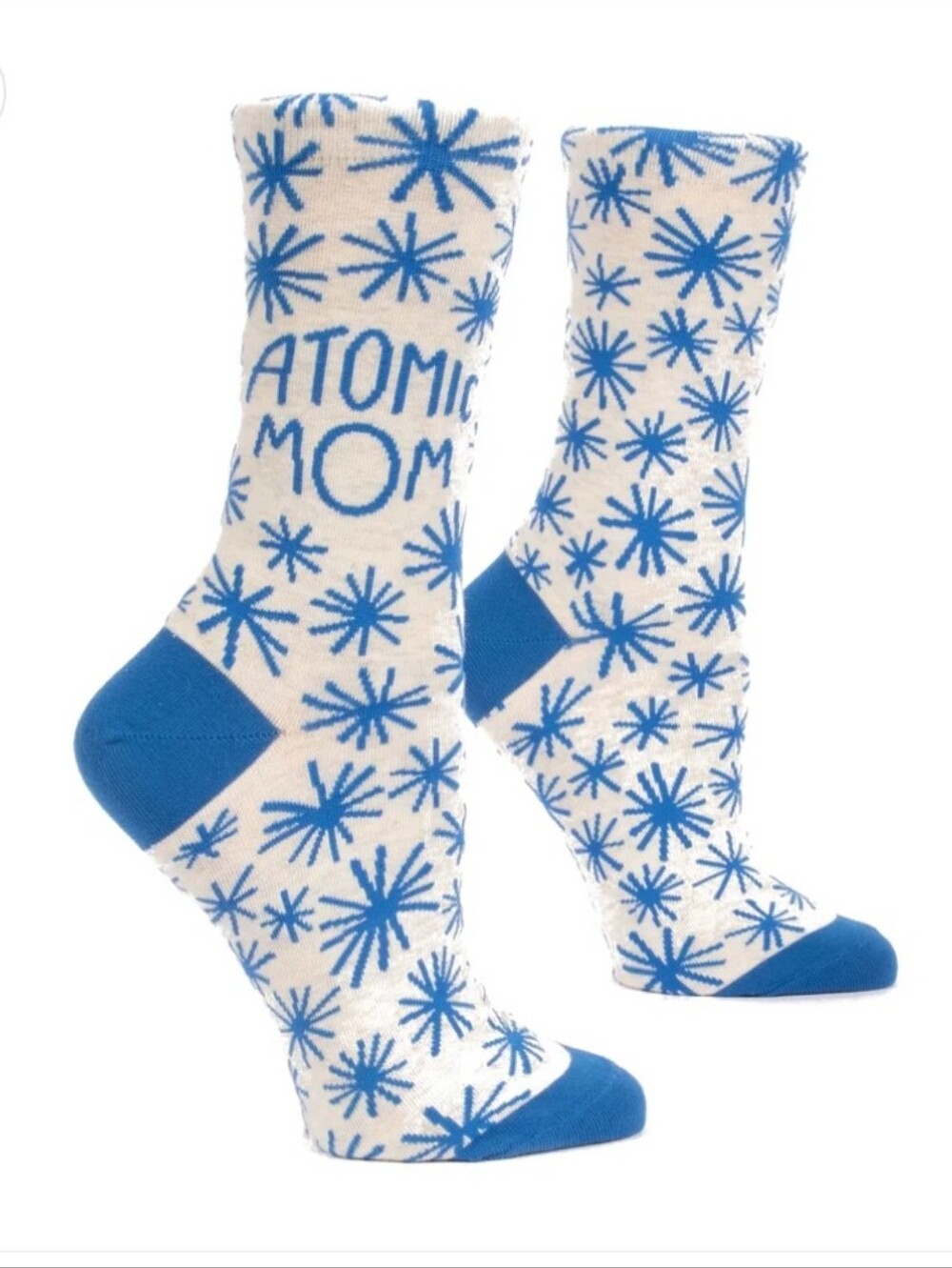 Blue Q Women's White/Gray with Blue 'Atomic Mom' Design Crew Socks NWT 5-10